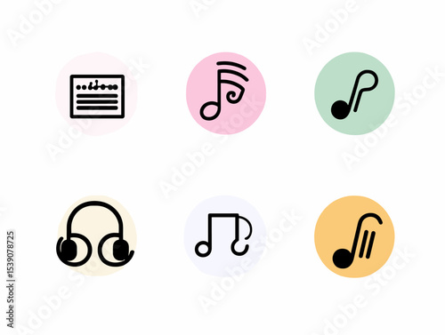 Musical Melody Icons: A charming assortment of music-related icons, each design in vibrant circles for a visual symphony of audio elements. This versatile collection is perfect for design projects.