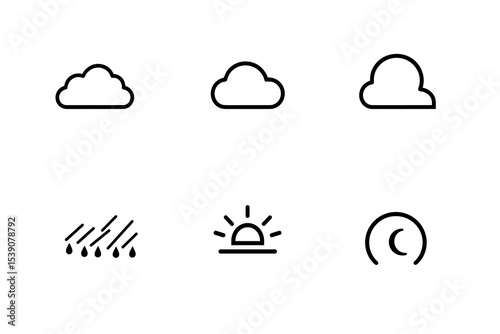 Weather Icons: A collection of clean, minimalist weather icons, including clouds, rain, sunshine, and temperature, perfect for weather forecasts, apps, and design projects. 