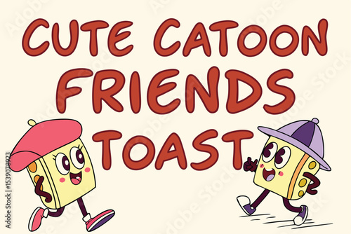 Cute cartoon toast friends in retro 80s neon style