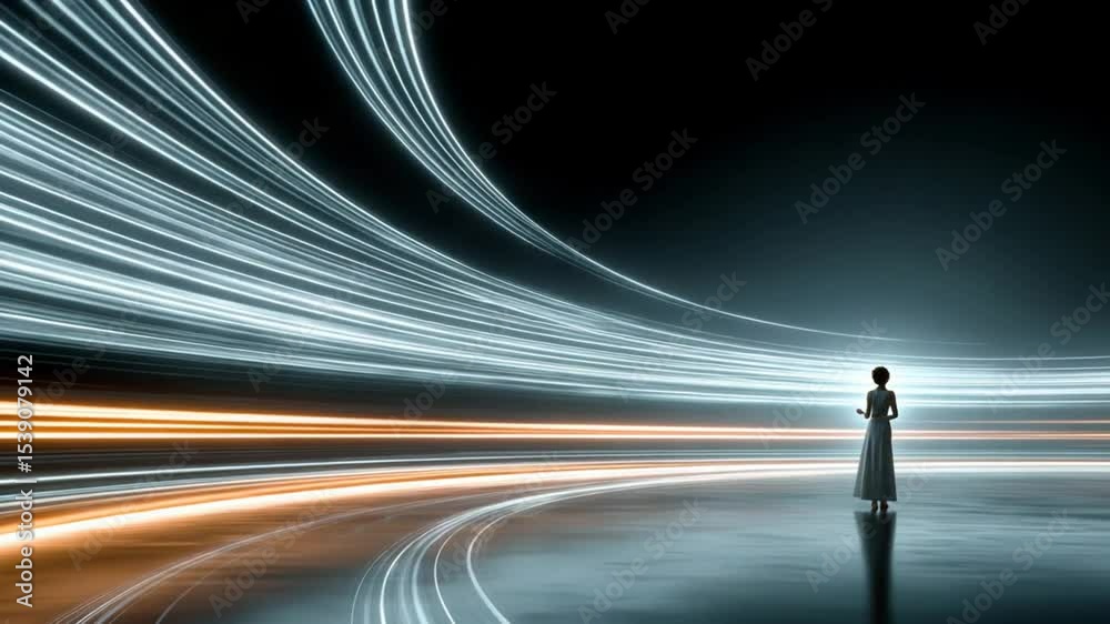 Woman stands at the edge of light speed, futuristic abstract background concept