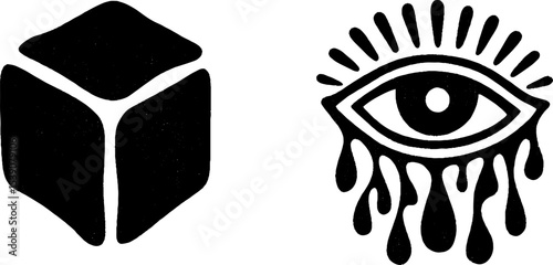 Abstract geometric cube and surreal melting eye - modern art design