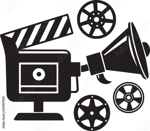 High Contrast Black and White Movie Camera and Film Reel Illustration