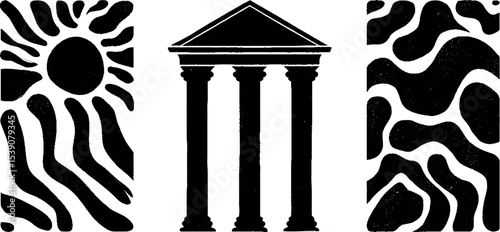 Set of greek temple front and broken pediment with abstract patterns for artistic design