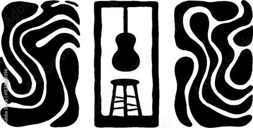 Minimalist abstract guitar with stool and open window