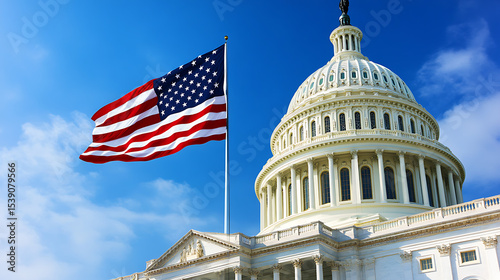 United states capitol building washington dc with american flag waving in wind travel tourism government