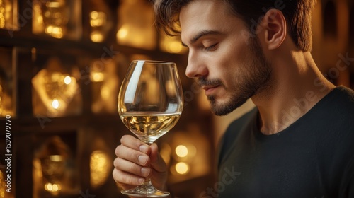 A sophisticated man deeply inhaling the aroma of white wine lost in sensory pleasure with