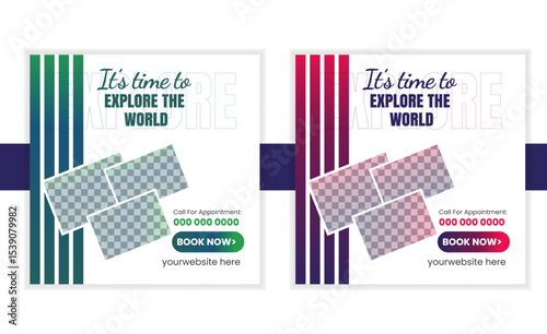 social media post template for travel holiday tourism marketing and sale promo. tour advertising. banner offer. promotional mockup photo vector frame illustration