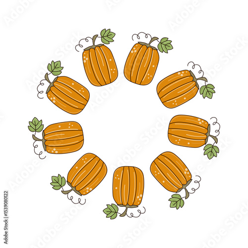 Frame with cartoon pumpkin. Contour drawing, doodle, vegetable. Harvest, natural vegetarian food. Autumn banner, poster with space for text. Halloween. Vector illustration. White isolated background.