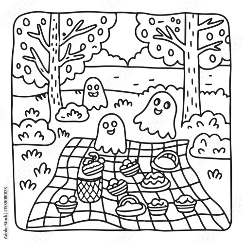 Spooky Summer – Cute and Easy Coloring Pages for All Ages | Fun Halloween-Inspired Summer Scenes | Line art vector illustration Print | Summer Coloring Page | Cute Scary Coloring page