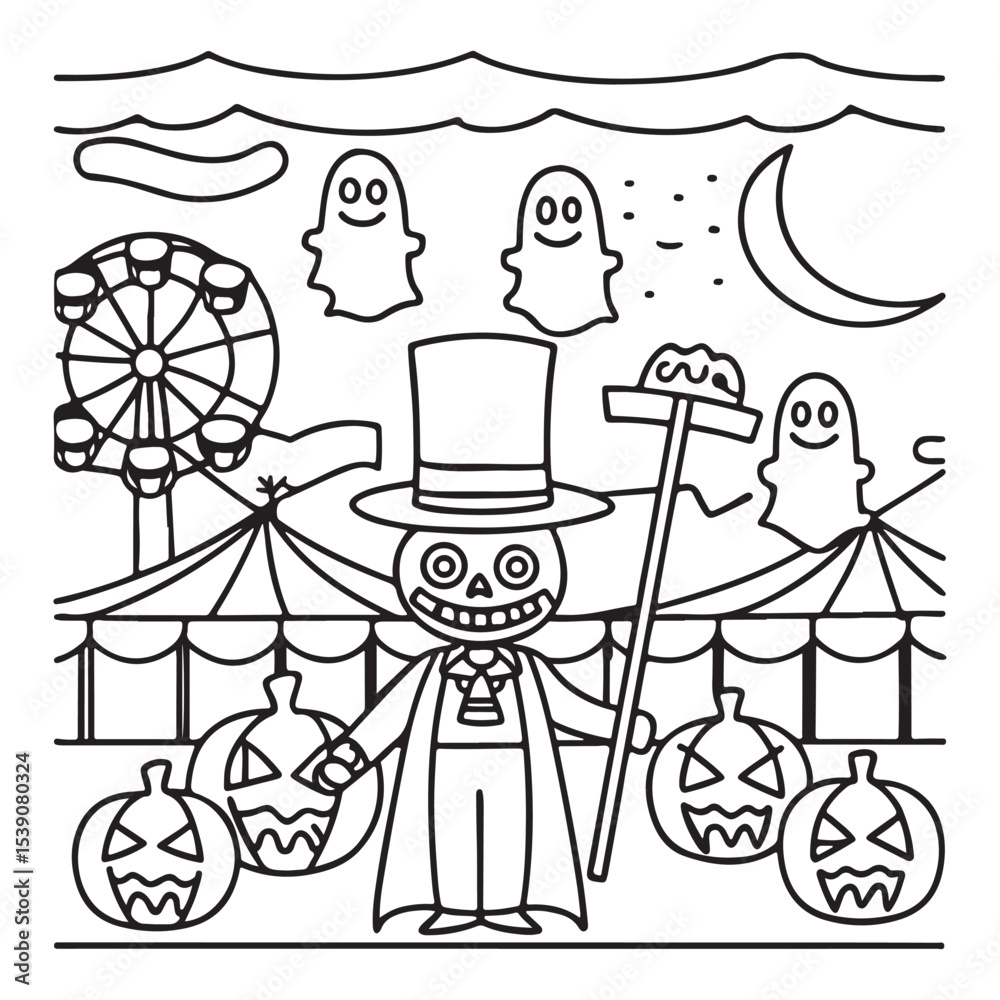 Obraz premium Spooky Summer – Cute and Easy Coloring Pages for All Ages | Fun Halloween-Inspired Summer Scenes | Line art vector illustration Print | Summer Coloring Page | Cute Scary Coloring page