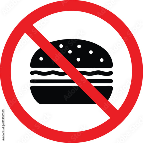 No food icon. Prohibited sign with burger and drink vector illustration. Eating and drinking restriction symbol for designated areas like public transport, offices or clean zones.