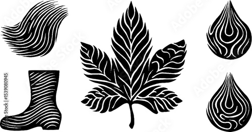 Minimalist autumn elements: maple leaf, boots, and falling rain design for seasonal decor