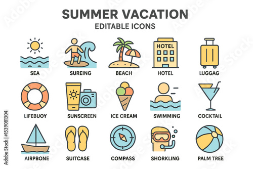 The Summer Vacation Editable Icons set comprises vector illustrations of travel-related icons like sea, surfing, beach, hotel, and more, all in a modern thin line style