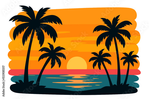 A colorful tropical ocean sunset serves as the backdrop for dark silhouettes of palm trees in this vector illustration