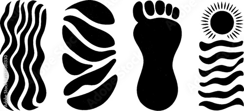 Abstract black and white mosaic shards and ankle chain design featuring sunset and waves