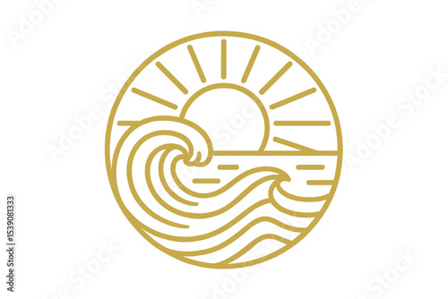Circular logo and icon art in gold line style depicting sun and ocean waves