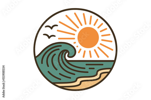 Vintage hipster label and stamp logo design for summer surf beach vacation holiday with ocean sea wave birds and sun in line art style