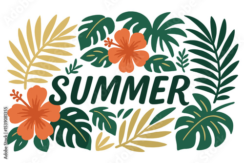 Tropical summer vector design incorporating palm leaves, hibiscus flowers, and handlettering elements for banner or flyer use