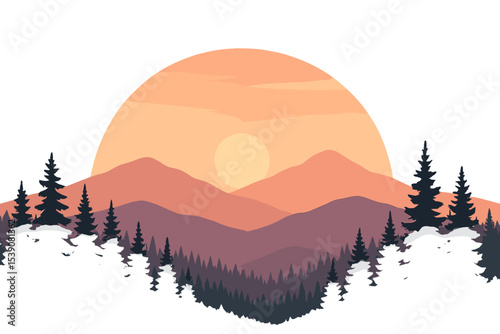 The scene depicts a mountain sunset landscape with realistic pine forest and mountain silhouettes, forming an evening wood panorama, all created as a vector illustration of wild nature background