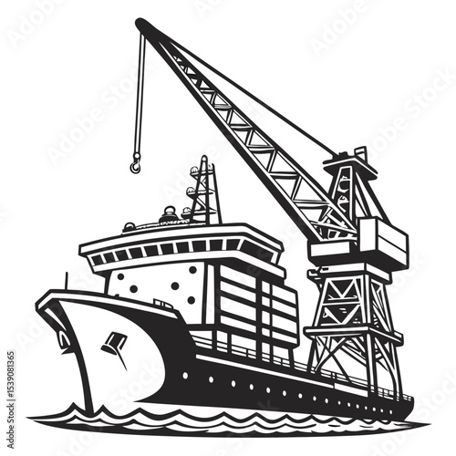 Cargo Ship with a Large Crane in Monochrome Silhouette Style Ready for Transporting Goods Across the Ocean