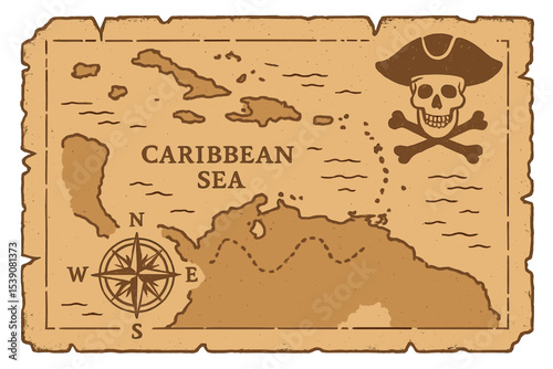 Vintage pirate map with a distressed, vector-designed parchment, adorned with a jolly roger in a tricorn, navigating the Caribbean sea, various islands, and land masses, while incorporating a wind