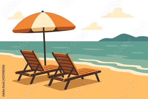 A seaside holiday vector illustration depicting summer vacation loungers on a beautiful sea beach landscape seascape banner