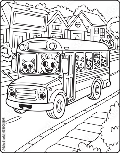 Children's cheering in school bus on road natural scene vector outline coloring page for kids