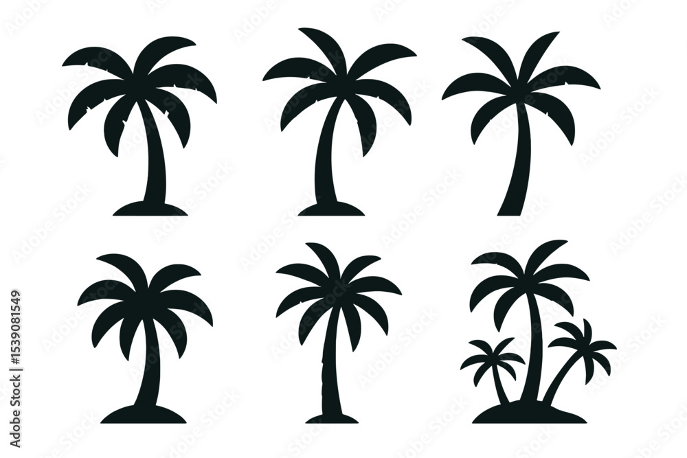 Fototapeta premium Black vector illustrations feature silhouettes of palm trees in a tropical setting