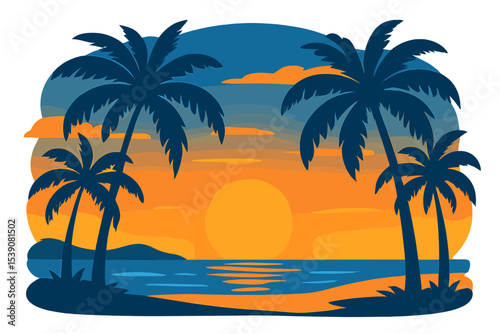 The tranquil atmosphere of an evening spent on the beach surrounded by palm trees, with a kaleidoscope of colors, from the blue hues of the palm trees to the orange tones of the sunset, set in a