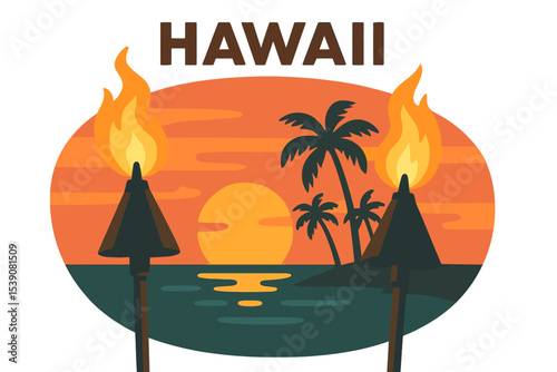The image of a Hawaiian sunset with fire torches is a classic icon, often used to create a warm ambiance at outdoor beach resorts and restaurants in the evening