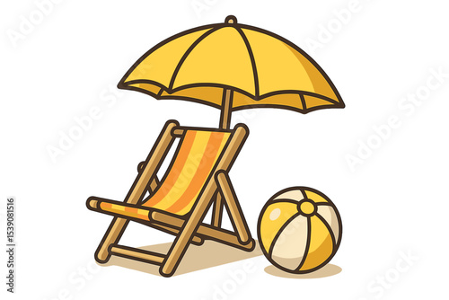 The concept of summer travel is illustrated by a 3D image of a beach chair, accompanied by a yellow umbrella and a ball