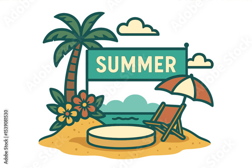 A vector illustration in EPS 10 format depicts a summer podium display amidst a beach setting complete with sand, flowers, a coconut tree, a beach umbrella, a beach chair, and a banner on a cloudy