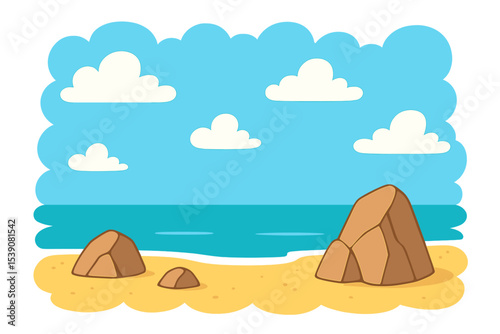 The coastline of an ocean or sea beach is showcased in a peaceful nature landscape with puffy clouds floating in the sky and rocks emerging from the sand, creating a soothing summer morning or