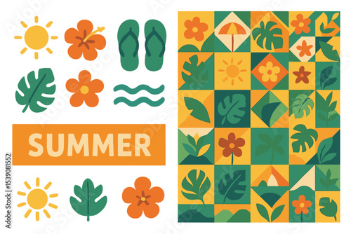 Simple flat vector illustrations and icons, geometric summer patterns and banners, vacation and tropical travel designs, flowers and plants in simple geometric shapes, and festival and sale poster
