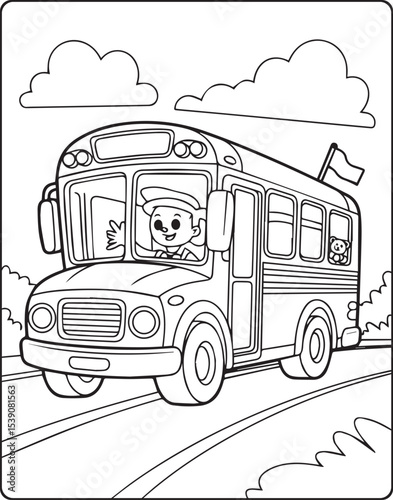 Children school bus on road natural scene vector outline coloring page for kids