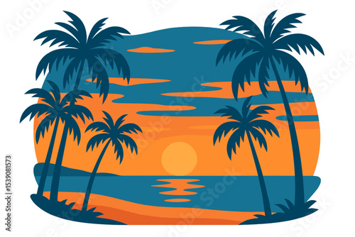The atmosphere of a peaceful evening on the beach is enhanced by the presence of palm trees, which are set against a colorful and picturesque backdrop of an orange sunset in a blue sky, as shown in a