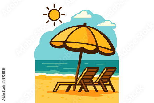 A vertical vector illustration for covers, prints, and posters features summer holidays with a sunny umbrella and sun loungers on a sandy beach