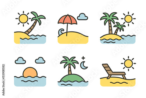 Beach landscape vector icons, isolated on white, are provided in a comprehensive outline set for web design