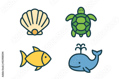 The maritime concept is illustrated through a set of line icons on a white background, showcasing sea creatures such as a shell, turtle, fish, and whale