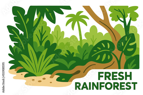 Cartoon illustration of a fresh rainforest serves as a vector concept banner suitable for web design
