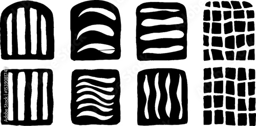 Abstract geometric patterns with parallel bars, broken grids, and curves for design projects