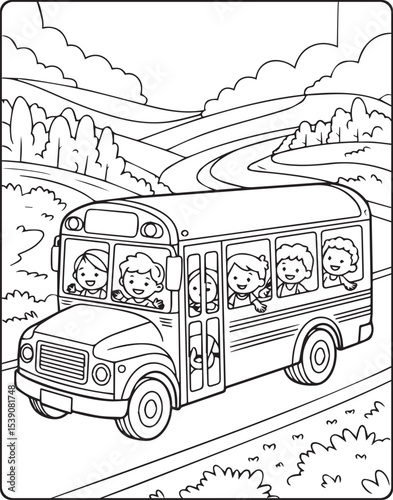 Children's cheering in school bus on road natural scene vector outline coloring page for kids