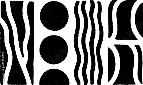 Abstract geometric design with parallel bars, broken grid, and curved patterns