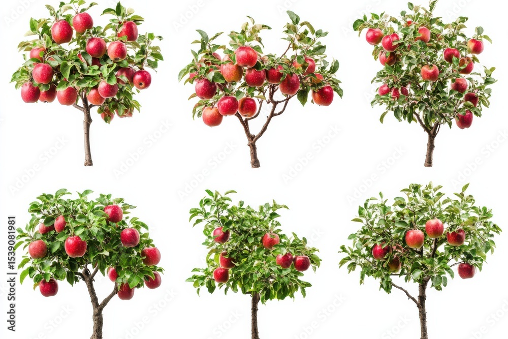 Fototapeta premium Abundant apple trees with vibrant red fruits nature s bounty orchard harvest on White Background. Generative Ai