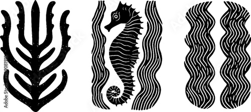 Nautical elements featuring poseidon's trident, seahorse, and ocean waves design