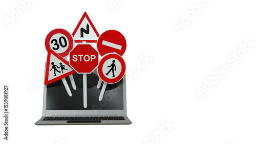 des panneaux routiers et un ordinateur portable, concept de code de la route en ligne - illustration 3D sur fond transparent