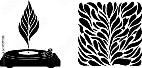 Vintage record player with abstract candle flame and intricate sketch design