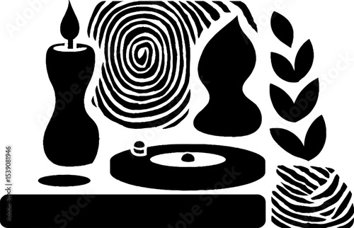 Retro aesthetic elements with record player, candle, and abstract sketch for creative design