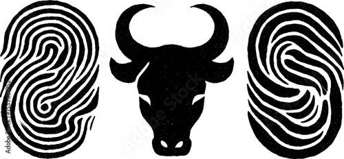 Symbolic bull head with rhyton horns and libation pattern for ceremonial design