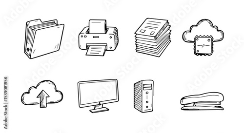 Hand-drawn office supplies and technology icons featuring printer computer folder cloud storage and stapler perfect for business presentations